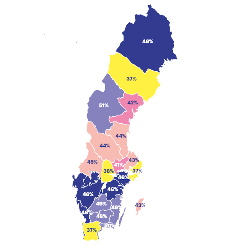 Karta över Sverige med procenttal per län som visar andelen vuxna som engagerat sig ideellt. Län är markerade i olika färger.